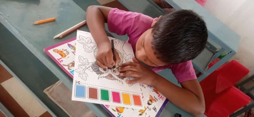 A student at Shankar Vidyapeeth school in Dumbo village colouring in an owl