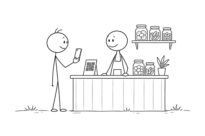 Line drawing of a customer scanning a QR code at a shop counter