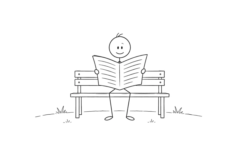 Line drawing of a figure reading a newspaper