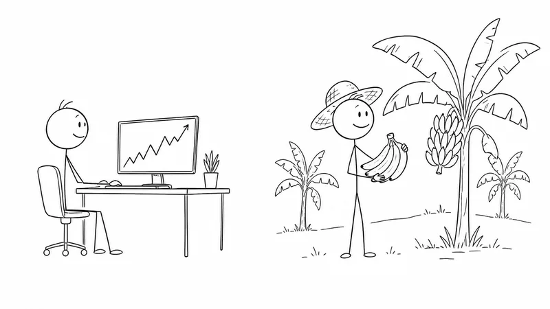 Stick-figure drawing of Mohit at a trading desk and farming bananas