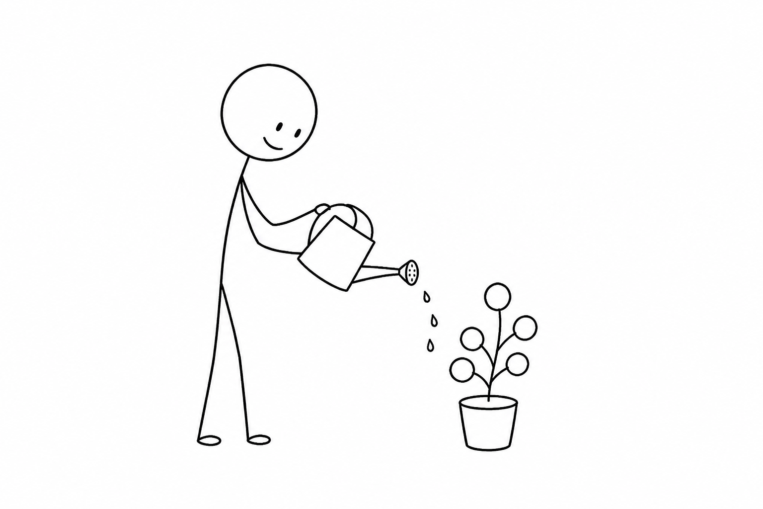Stick-figure drawing of a person watering a money plant