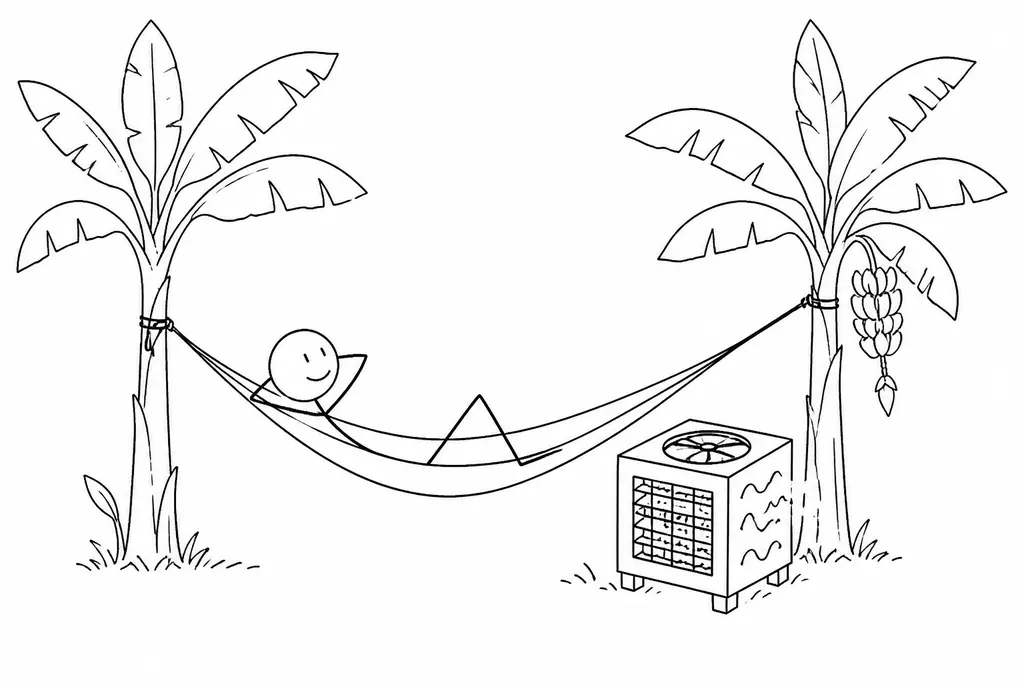 Stick-figure drawing of a person in a hammock between banana plants next to a homemade air cooler