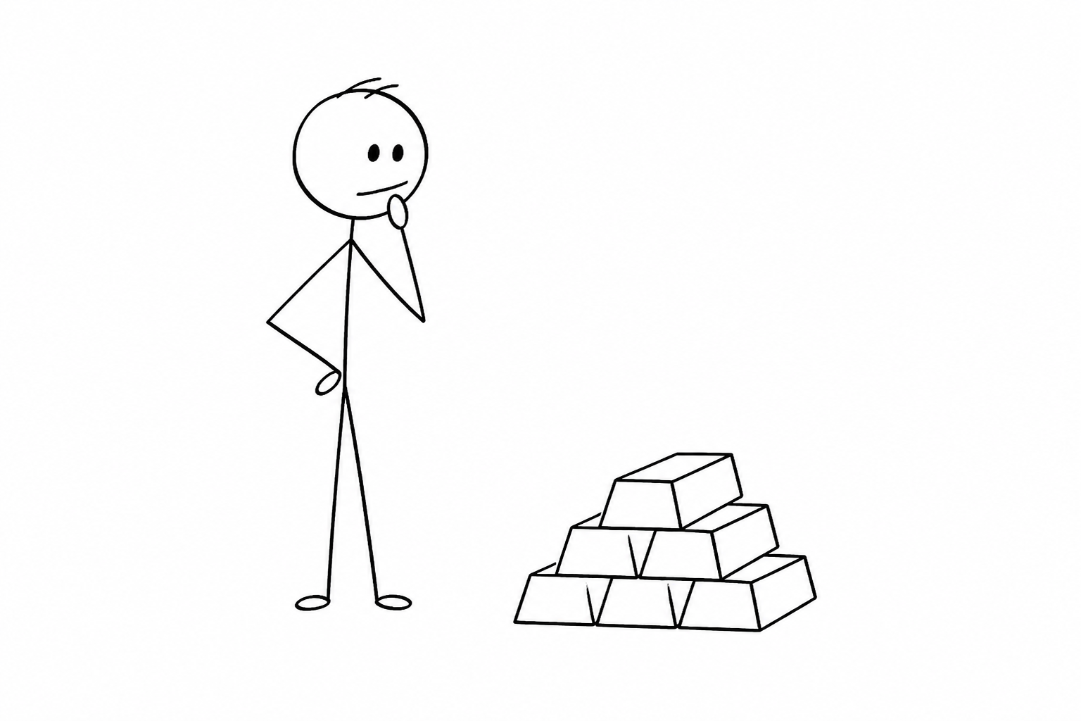 Stick-figure drawing of a person thinking beside a stack of gold bars