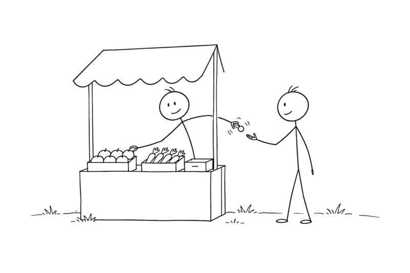 Line drawing of a shopkeeper passing a coin backwards
