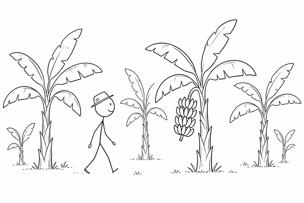 Stick-figure drawing of a farmer walking among banana plants