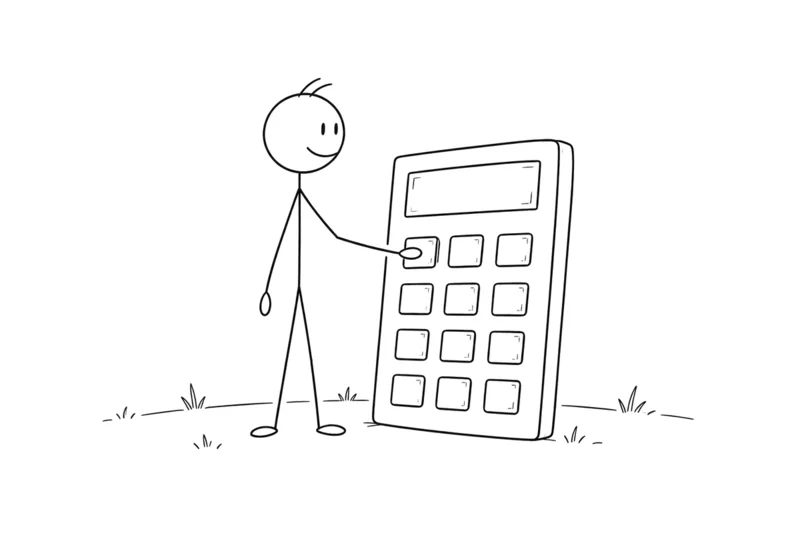 Line drawing of a figure with a large calculator