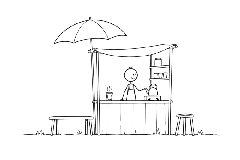 Line drawing of a small tea stall