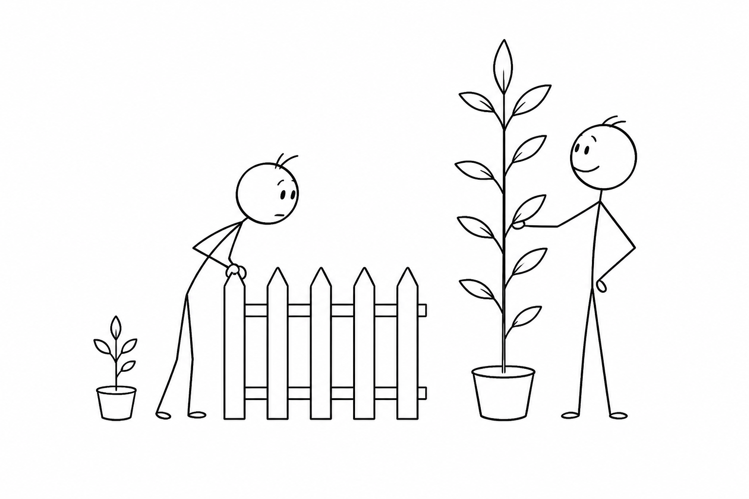 Stick-figure drawing of a neighbor peering over a fence at a taller plant