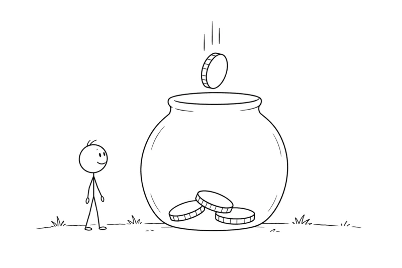 Line drawing of a coin dropping into a large jar