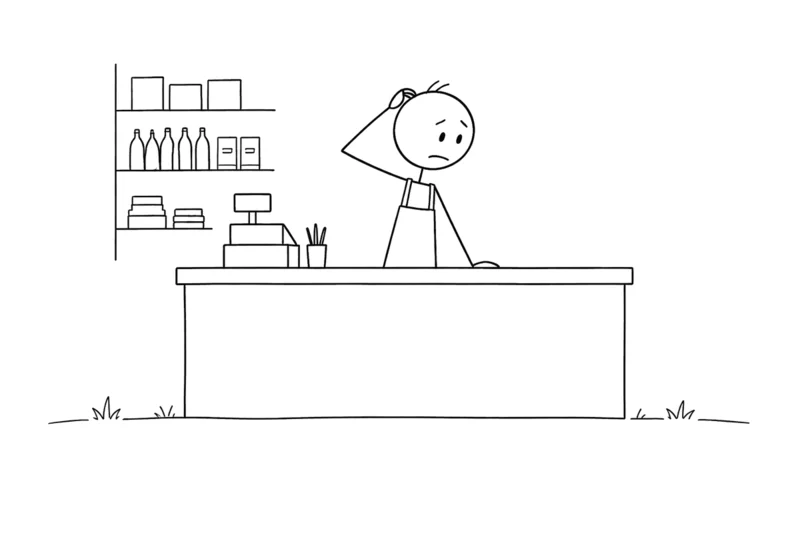 Line drawing of a worried shopkeeper at his counter