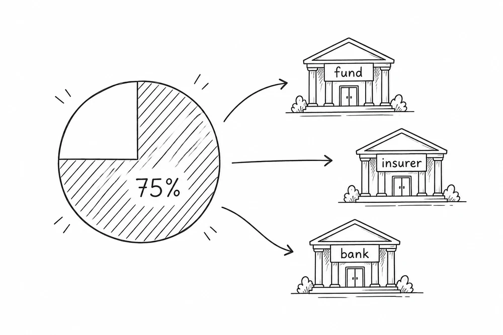Pie chart with 75% shaded, pointing to a fund, an insurer and a bank