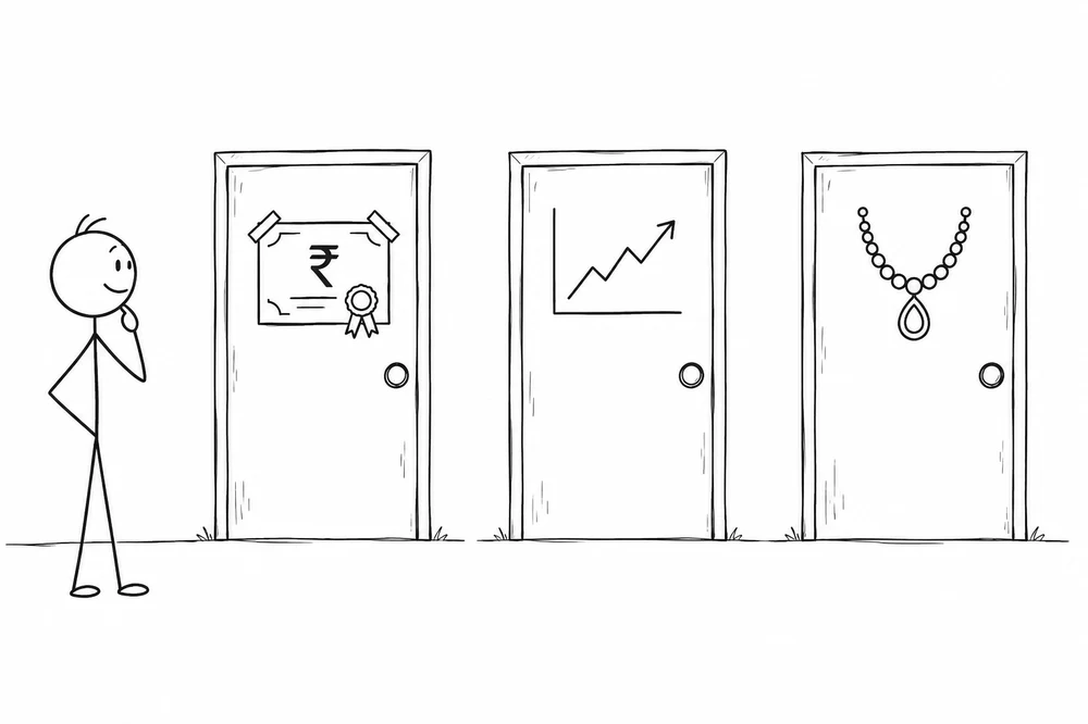 Stick figure illustration for SGB vs Gold ETF vs Physical Gold