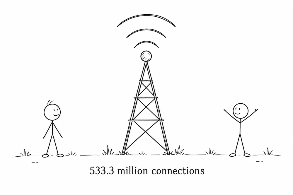 Phone tower with signal arcs between two people