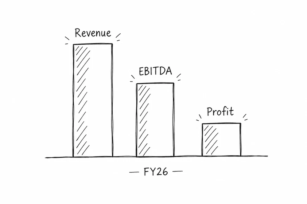 Bars for FY26 revenue, EBITDA and profit