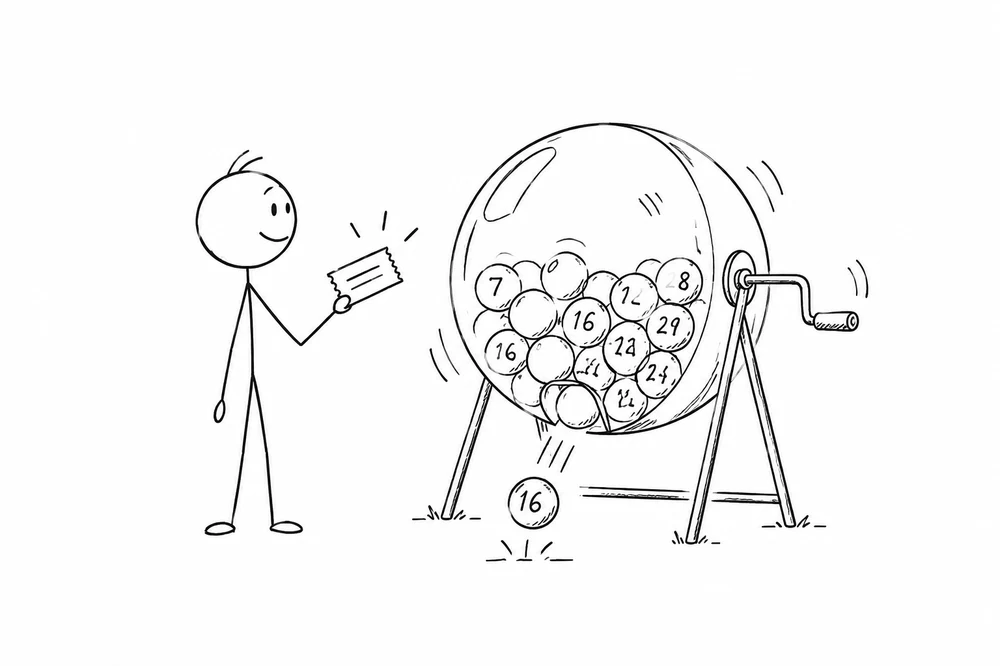 Stick figure with a ticket beside a lottery drum of numbered balls