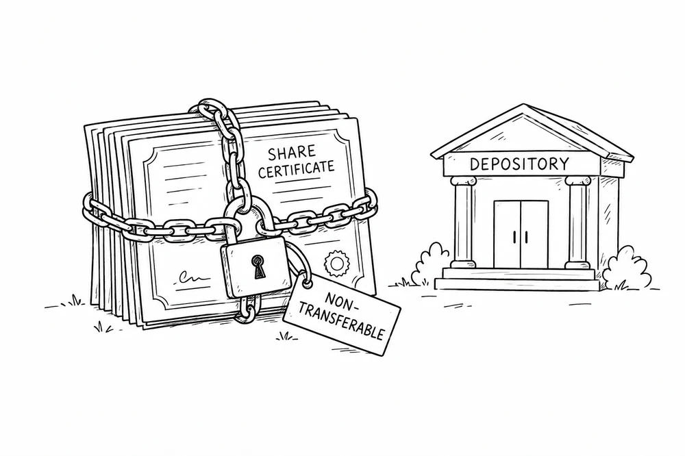Chained share certificates with a non-transferable tag next to a depository