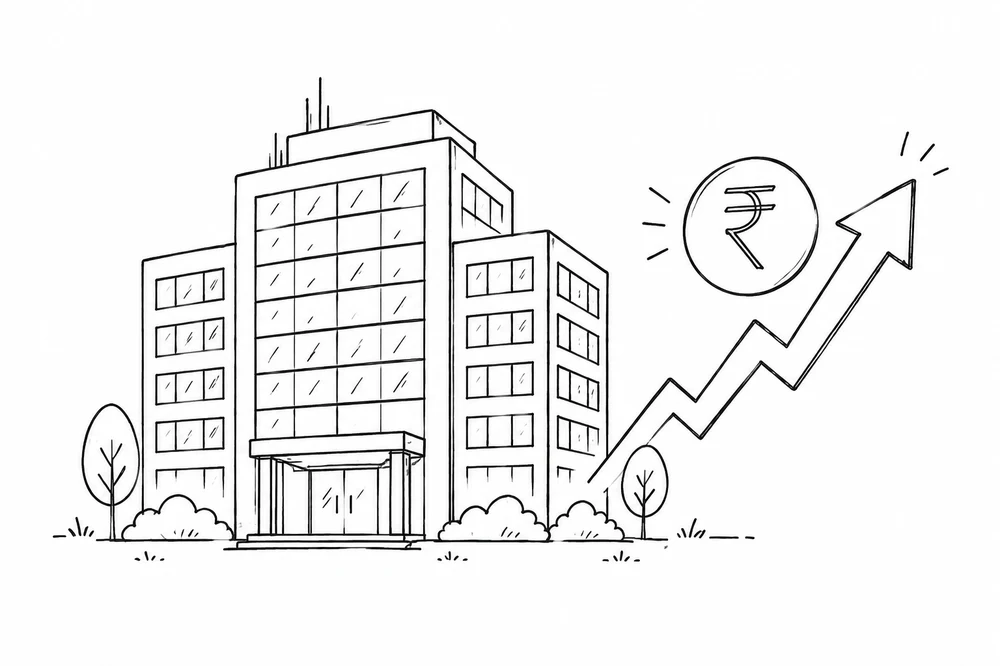 Large building with an arrow marking profit