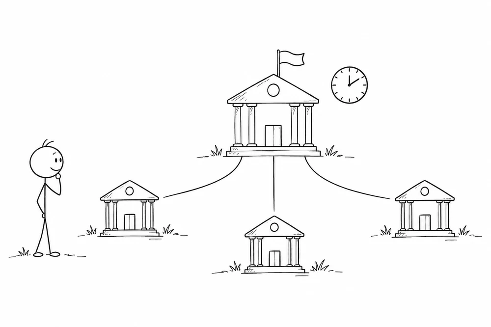 Banks connected to one central building with a clock
