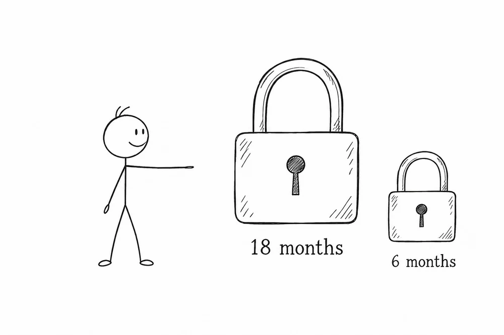 Promoter figure beside a large 18 month padlock and a small 6 month padlock