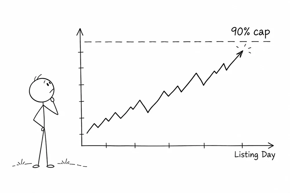 Price chart rising towards a dashed line labelled 90% cap