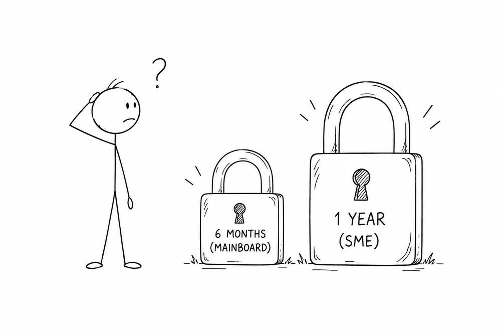 A small six month padlock for mainboard beside a larger one year padlock for SME