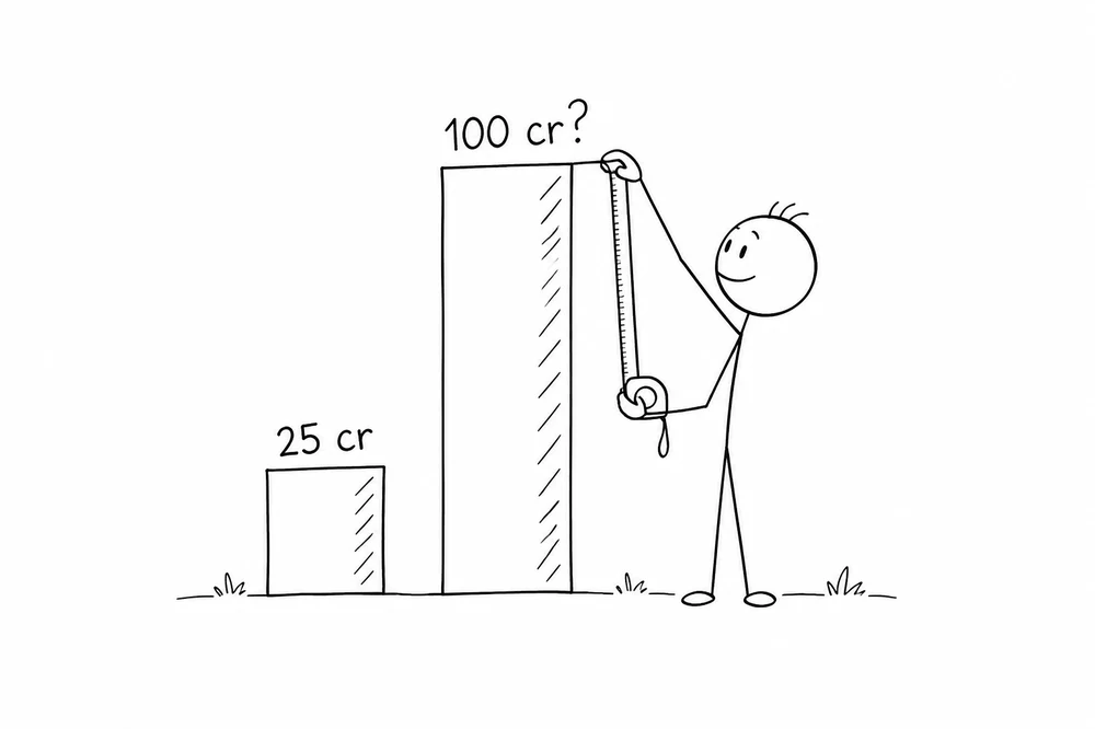 Short bar labelled 25 cr next to a tall bar labelled 100 cr with a question mark