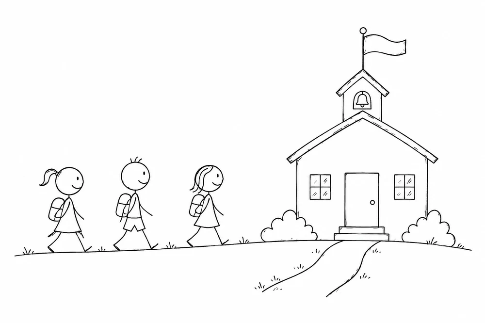 Stick-figure drawing of children with backpacks walking to a village school