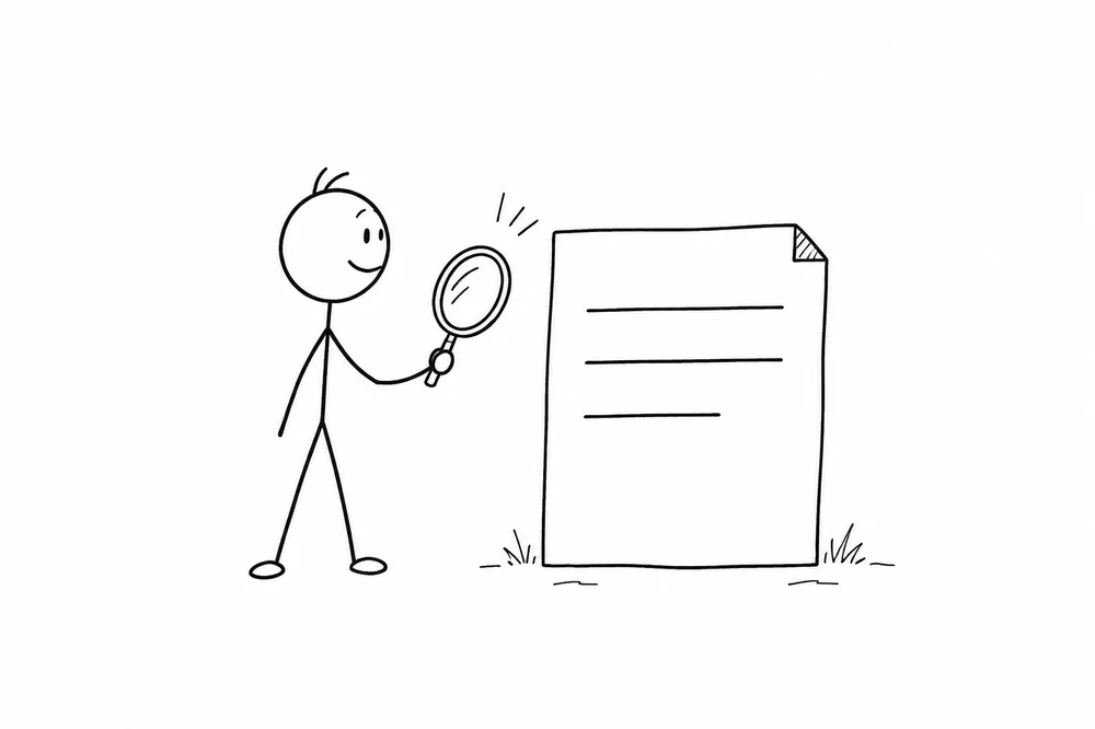 Figure reading an offer document with a magnifying glass