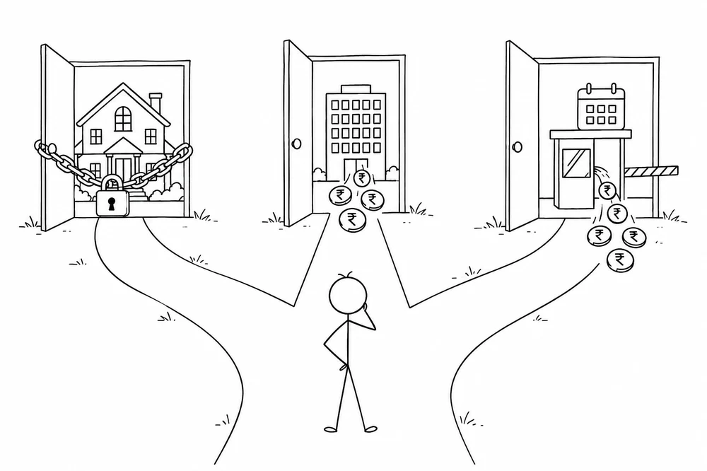 Stick figure illustration for REIT vs InvIT vs a Second Flat